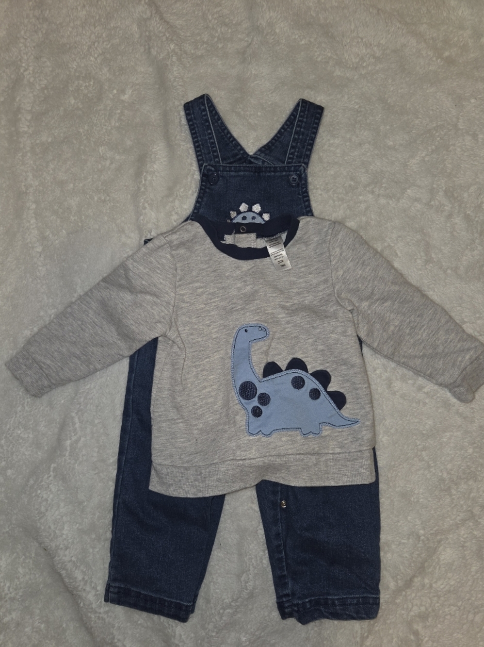 Little Me Gray and Blue Dino Sweatshirt with Denim Overalls Set